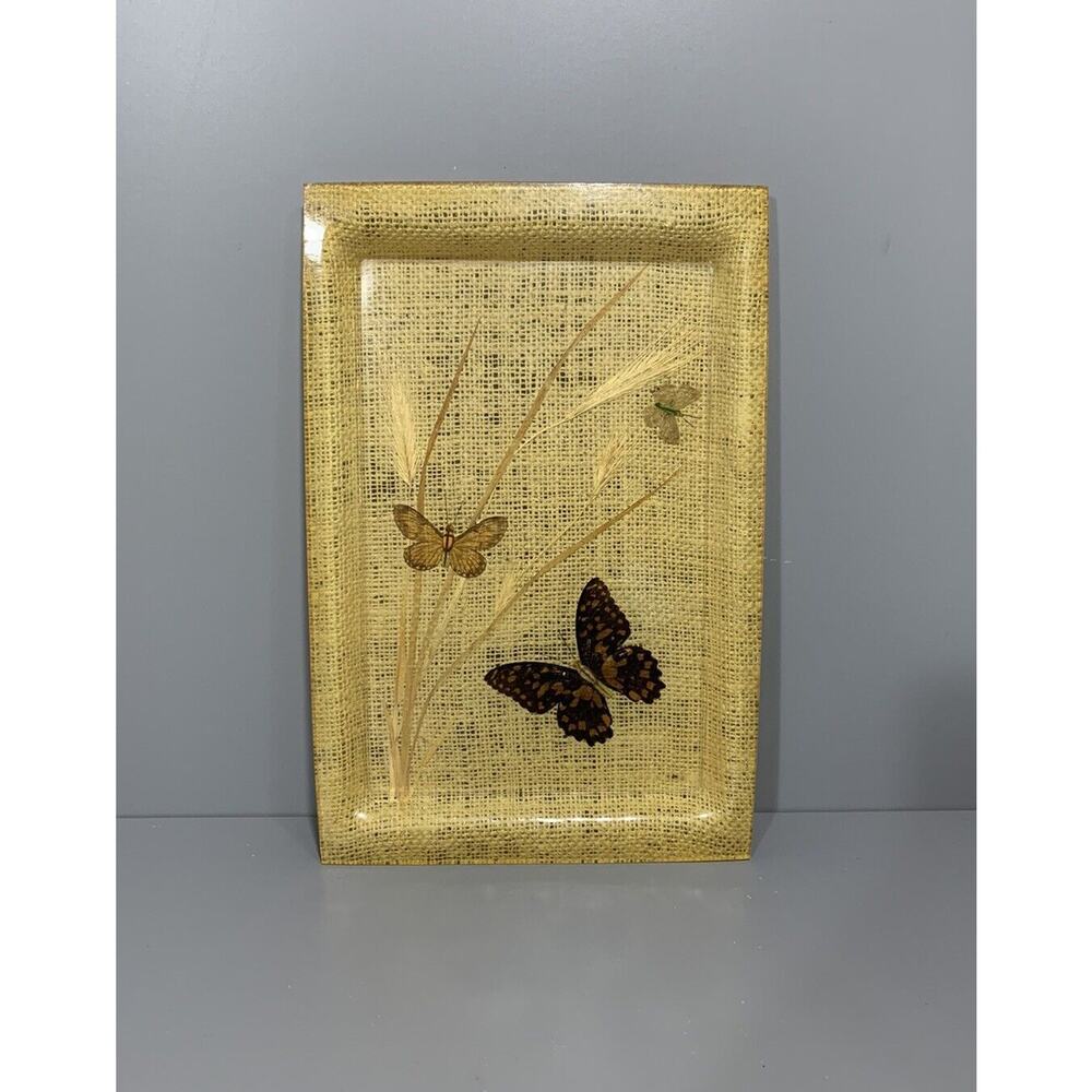 Vtg Hand Crafted Raffia w/Butterflies Acrylic Tray Boho 11.5”x7.75” by Smilite